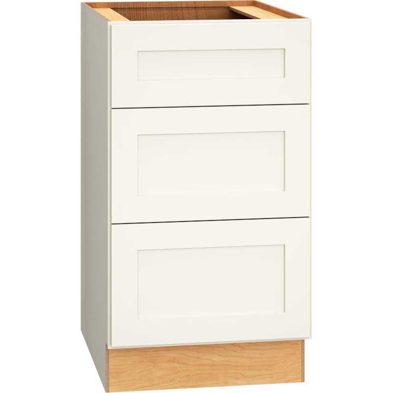 SKU 3DB1832.5 - 18 Inch Universal Base Cabinet with 3 Drawers in Omni Door Style and Snow Finish from Mantra Cabinets