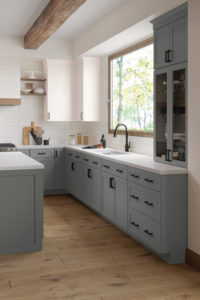 Dark Gray Shaker Kitchen Cabinets with Glass Cabinet Doors - Omni Cabinet Door Style in Graphite Finish by Mantra Cabinets