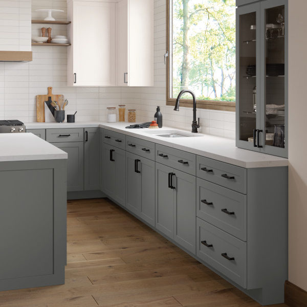 Gray and White Shaker Kitchen Cabinets- Omni Cabinet Door Style in Graphite Finish and Snow Finish by Mantra Cabinets