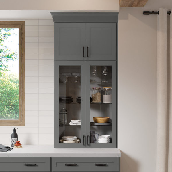 Dark Gray Shaker Kitchen Cabinets with Glass Cabinet Doors - Omni Cabinet Door Style in Graphite Finish by Mantra Cabinets