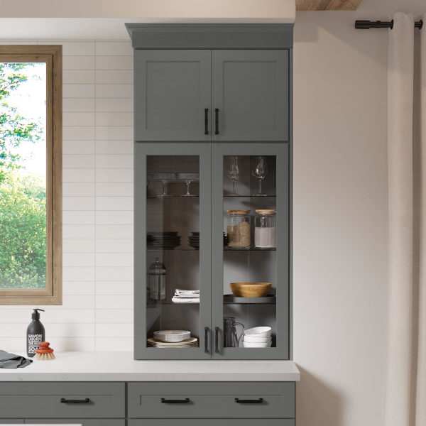 Dark Gray Shaker Kitchen Cabinets with Glass Cabinet Doors - Omni Cabinet Door Style in Graphite Finish by Mantra Cabinets