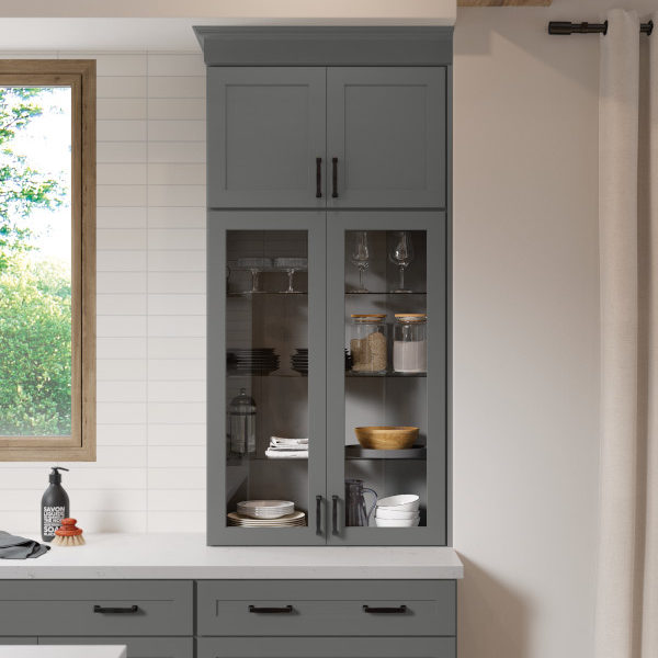 Dark Gray Shaker Kitchen Cabinets with Glass Cabinet Doors - Omni Cabinet Door Style in Graphite Finish by Mantra Cabinets