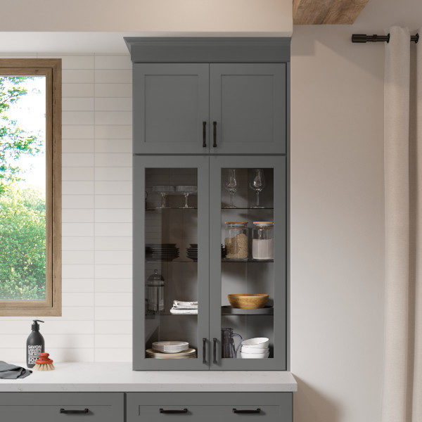 Dark Gray Shaker Kitchen Cabinets with Glass Cabinet Doors - Omni Cabinet Door Style in Graphite Finish by Mantra Cabinets