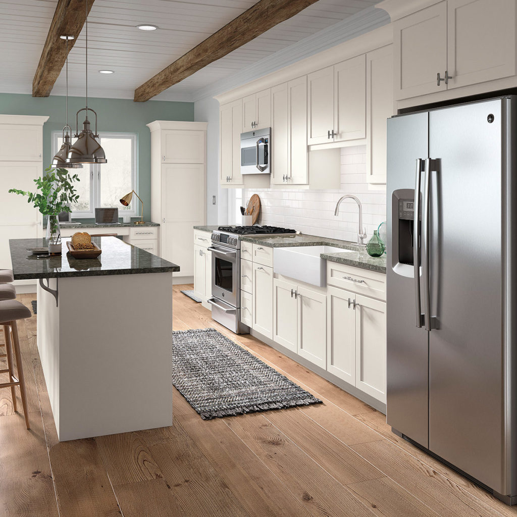 White Shaker Kitchen Cabinets with Island and Built-in Desk - Omni Cabinet Door Style with Snow Finish By Mantra Cabinets