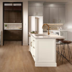 Gray Shaker Kitchen Cabinets with White Shaker Island and Deep Brown Butler Pantry - Omni Cabinet Door Style in Mineral with Island in Snow Finish and Butler Pantry in Bark Finish