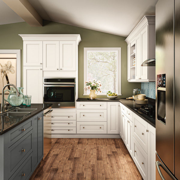 White Shaker Kitchen Cabinets and Deep Gray Island - Spectra Cabinet Door Style in Snow Finish and Omni Cabinet Door Style in Graphite Finish from Mantra Cabinets